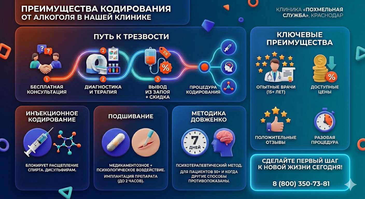 Инфографика о методах кодирования от алкоголя в Феодосии: инъекции, подшивание, метод Довженко. Преимущества клиники и этапы лечения.