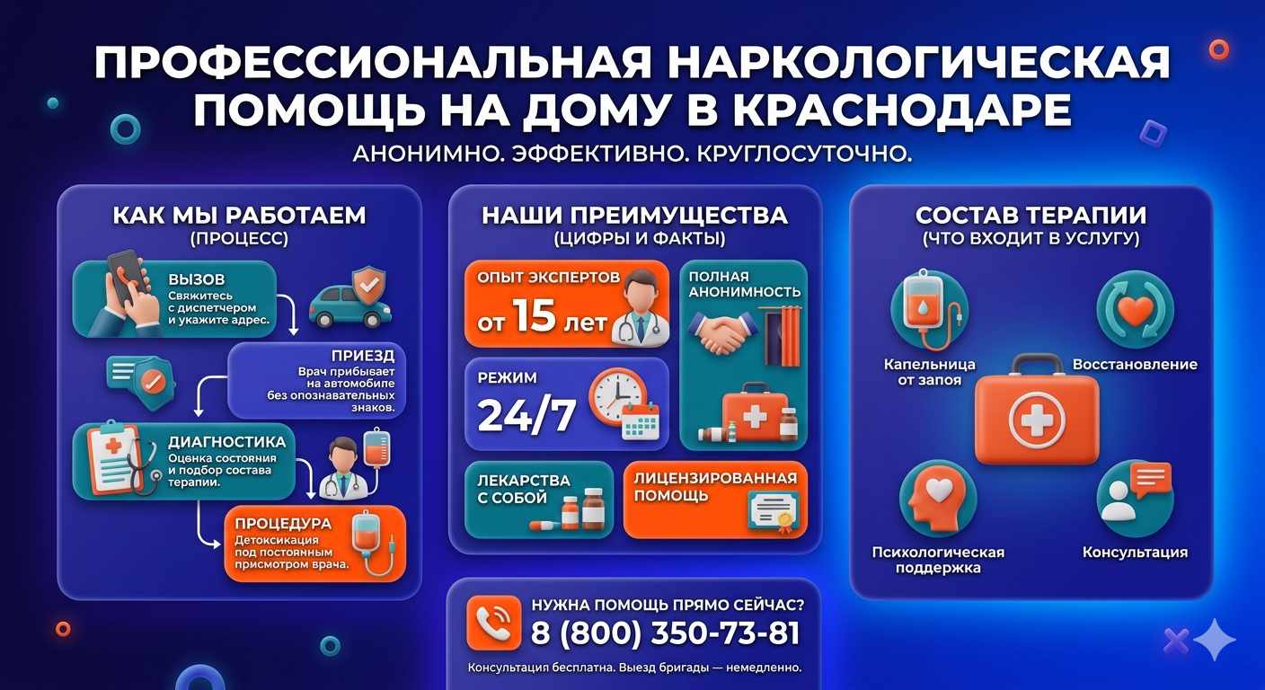 Инфографика о принципах лечения алкоголизма на дому в Феодосии: этапы вызова нарколога, преимущества анонимной детоксикации и состав медицинской помощи.